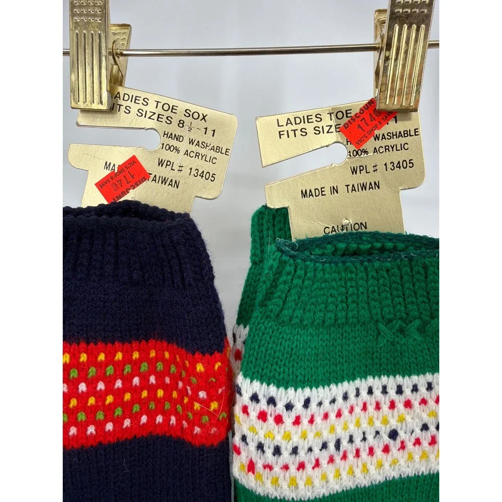 Vintage 70s Toe‎ Socks Set 2 Pairs Navy Green Acrylic Knee High Deadstock New